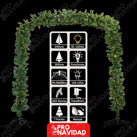 Arco Decorativo con Luces | Árbol de Navidad en Arco - 952 Ramas | 136 LEDs | L190 x H240 cm