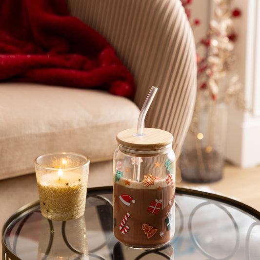 Vaso con Pajita de vidrio con Estampado Navideño 48cl