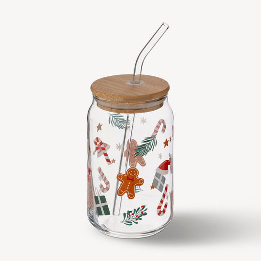 Vaso con Pajita de vidrio con Estampado Navideño 48cl